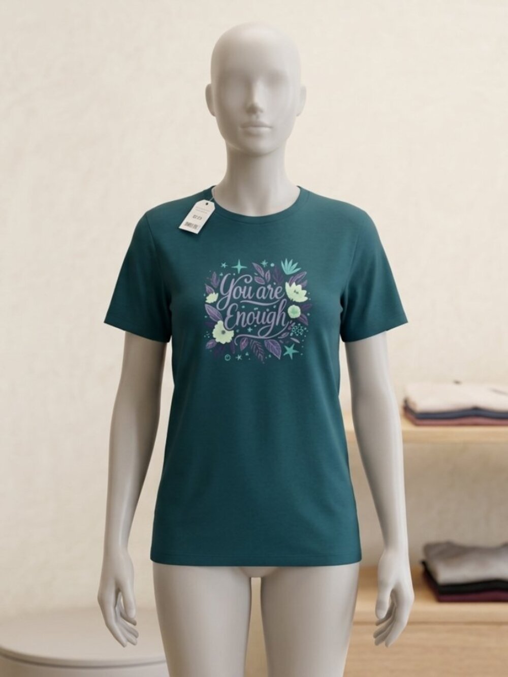 Teal (green) crewneck t-shirt with uplifting, nature-inspired graphic